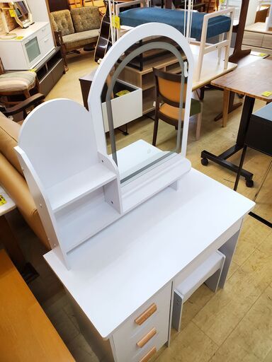3色LEDミラー ドレッサー スツール付き 引出し4個 ホワイト□横幅80cm