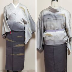 【付下げ】正絹・袷・濃グレーから淡ブルーグレイ・しつけ付き・美デザインの画像