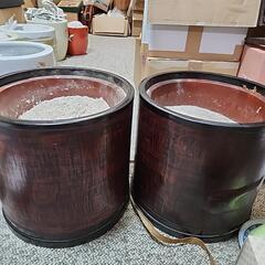 火鉢　対　銅、木製　2つ　灰つき