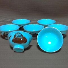 九谷焼　赤絵達磨＆蜂＆漢詩図　金彩　お猪口　ぐい呑み７客　酒器　年代物　古美術　２セットありの画像