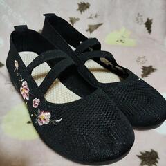未使用 バラの刺繍 バレエシューズ風