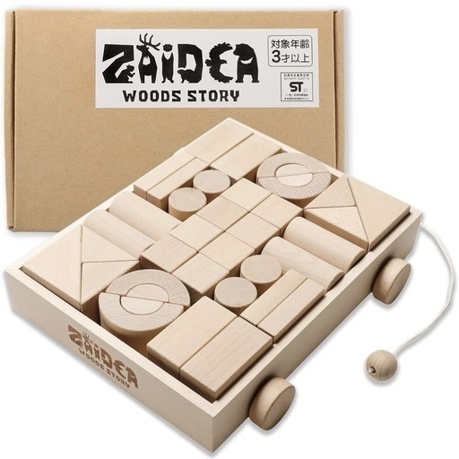 【新品】積み木 無塗装 38ピース 音が鳴る 収納ワゴン 知育玩具 つみき 引き車 3歳