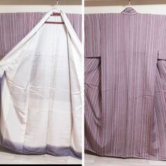 【小紋】正絹袷・ろうけつ染・荒井呉服店謹製・美品・薄紫～グレー縦縞柄・裄66cmの画像
