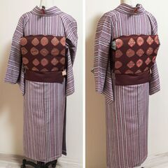 【小紋】正絹袷・ろうけつ染・荒井呉服店謹製・美品・薄紫～グレー縦縞柄・裄66cmの画像