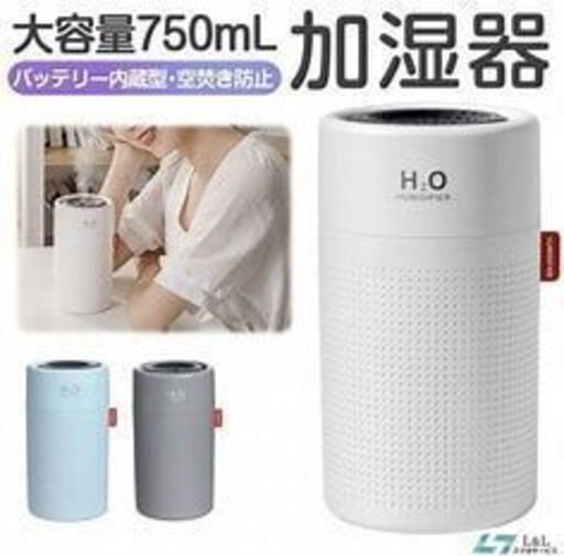 H2O HUMIDIFIER　750mL　充電式加湿器　ホワイト　 LEDライト搭載