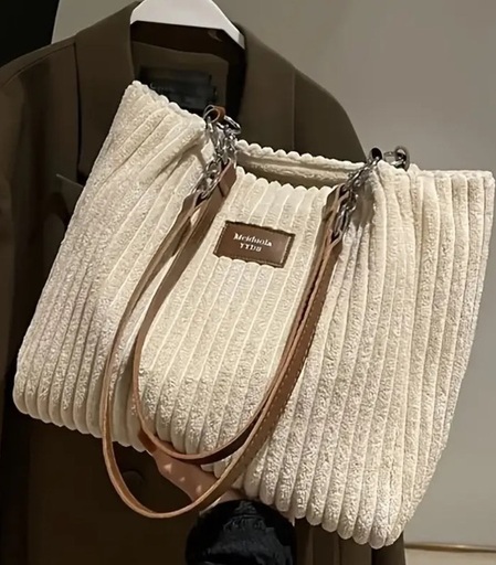 新品　未使用品  シックなコーデュロイトートバッグ（女性用）-  広々としたショルダー＆クロスボディハンドバッグ、チェーンディテール、ソフトタッチ、ジップクロージャー - カーキ色