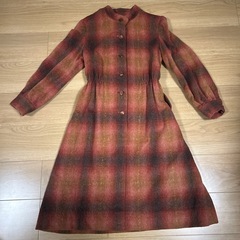 チェックワンピース　長袖　生地厚め　オレンジ　赤　おしゃれ　レトロ　冬