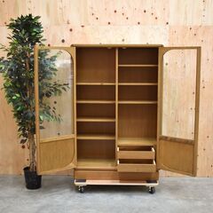 【ヤ取終了9/15】≪zyt1791ジ≫ 日家工芸 ガラス扉キャビネット 幅96.5cm 書棚/飾り棚/おしゃれ/北欧風デザイン/ヴィンテージ/レトロ家具/中古家具/宮城県仙台市 61201-11の画像