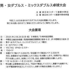 ☆東京中野 男・女ダブルス・ミックスダブルス卓球大会☆新スポ連東...