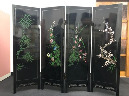【最終価格/保管は3月末まで】中国製　衝立　パーティション　パーテーション　工芸品　古美術　アンティーク　装飾　漆塗り　貝細工