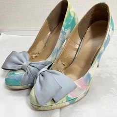 ESPERANZAエスペランサ ブルー花柄リボンパンプス ハイヒ...
