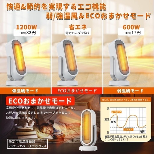 セラミックヒーター【ECOお任せ\u00263D立体自動首振り】 セラミックファンヒーター 電気ファンヒーター 電気ストーブ 暖房器具 ファンヒーター 上下左右自動首振り 3つ温風モード ECOお任せモード 20-30°温度設定可 8時間タイマー 2秒速暖 1200Ｗ リモコン付 電気ヒーター 転倒オフ 過熱保護 脱衣所 トイレ 洗面所 最適 PSE認証済 日本語説明書 ホワイト