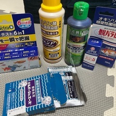 金魚のお薬セット、水質検査キット、金魚の餌 