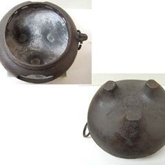 鉄鬼面風炉 茶釜 幅32×奥行30×高さ35cm 風炉・茶釜セット 敷瓦付き 切合釜 茶道具 鉄釜 鉄器 札幌市 清田区 平岡の画像