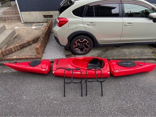 カヤック　カヌー　三分割艇　うま、ライフジャケット、スプレーカバー付き