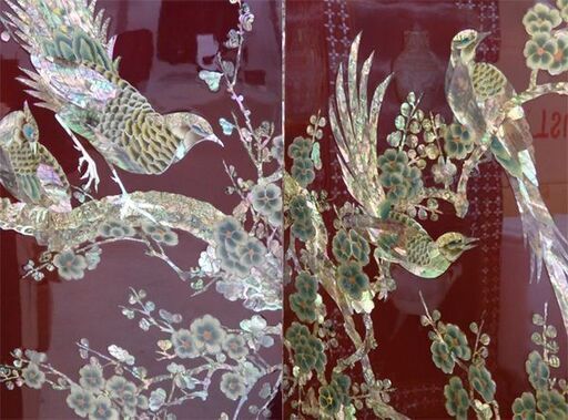 千歳市/恵庭市 螺鈿細工 花鳥図 6連 衝立 孔雀 鶴 雉 中国古