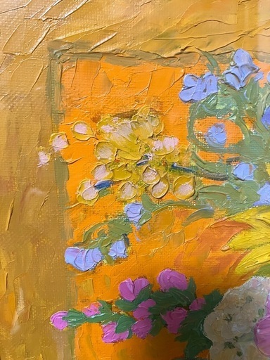 油彩画 花瓶の花 金色フレーム付き