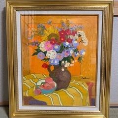 油彩画 花瓶の花 金色フレーム 油彩画 花瓶の花 金色フレーム付き