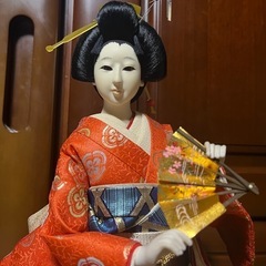 日本人形　舞扇　レトロ　ガラスケース付き　の画像