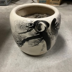 灰付　火バチ　焼物 陶器製 水墨画 墨 火鉢 睡蓮鉢 金魚鉢 メダカ鉢