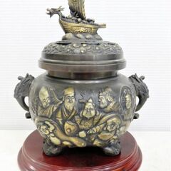 【美品】宝船七福神香炉　木製台座付き　香立て　縁起物　置物　オブ...