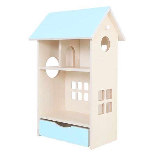 【新品:ドールハウスシェルフ　本体:ホワイト木目 屋根:スカイブルー】処分価格にてお譲り致します。幅54cm×奥行40.2cm×高さ89.5cm 子供家具 おもちゃ箱  完成品