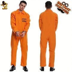 1pc ファニー刑務所囚人コスチューム - 大人男性用オレンジジャンプスーツの画像