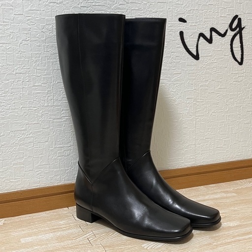 美品　ing 黒 ロングブーツ ジッパー付き　本革　天然皮革　24cm ブラック