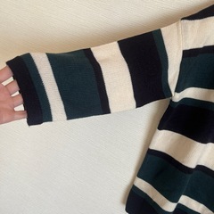 ボーダーニット 白×黒×緑 ゆったり　アクリル ウール Lサイズ　 の画像