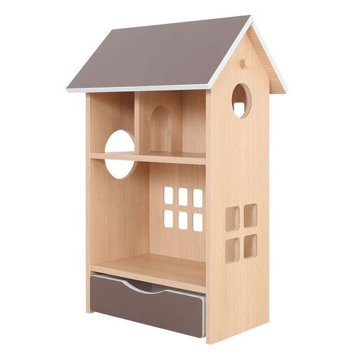 【新品】ドールハウスシェルフ 本体:ナチュラル木目  屋根:チョコブラウン 日本製 処分品価格にてお譲り致します。幅54cm×奥行40.2cm×高さ89.5cm 子供家具 おもちゃ箱  完成品