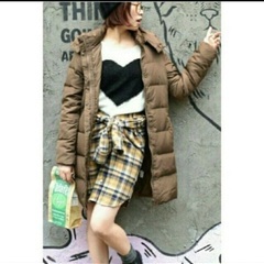 【定価9990円・クリーニング済】レディース ダウン コート フード付き Lサイズ ブラウン チョコ ロングの画像