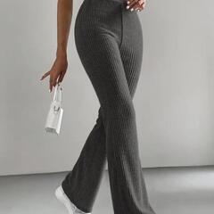 新品、未使用、グレー XL 女性のハイウエストフレアパンツ、ロングエラスティックウエストニットトラウザーズ、無地、ポリエステル、エレガントスタイル、カジュアルな服装、レギュラーフィット、大人サイズの画像