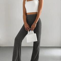 新品、未使用、グレー XL 女性のハイウエストフレアパンツ、ロングエラスティックウエストニットトラウザーズ、無地、ポリエステル、エレガントスタイル、カジュアルな服装、レギュラーフィット、大人サイズの画像