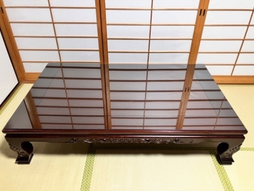 花梨　座卓　高級座敷机　透かし彫り　特注ガラス付