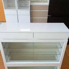 未使用訳あり　ユニットコレクションボード幅90　3本1セット　ガラス棚あり　LEDライト　ホワイト色　WH　白　鏡面　光沢　引き戸　引出し　フィギュア ケース　ディスプレイ