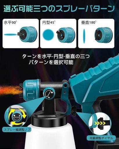 コードレススプレーガン 【新登場強化版】充電式 電動スプレーガン マキタ18Vバッテリー対応 塗料 スプレーガン 家庭用 ノズル4幅調整可能 油性水性塗料 1000mlタンク 大容量 電DIY 日曜大工 フェンス 家具 塗装スプレー 【本体のみ・バッテリーは別売】