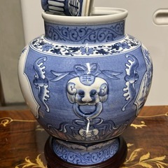 Chinese Temple Vase | Blue and White Ceramic with Wooden Baseの画像