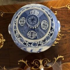 Chinese Temple Vase | Blue and White Ceramic with Wooden Baseの画像