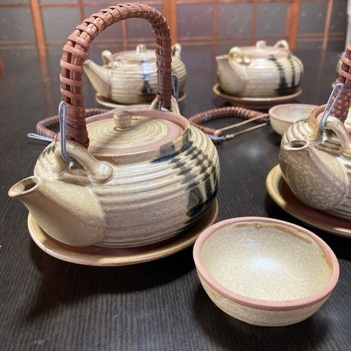 【新品未使用】土瓶蒸しセット　6客　松茸の土瓶蒸しなどに◎ ツル付き土瓶　受け皿　お猪口サイズの器
