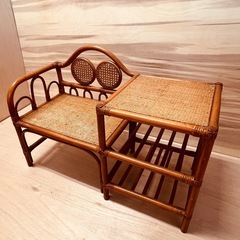 【レトロ】JF0301　ラタンの台付きベンチ　ラタン(籐)のベンチの画像