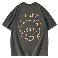 【新品】レディース かわいいクマのプリント半袖Tシャツ グレー XLの画像