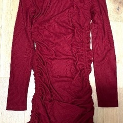 Shein シーイン　シャーリング　ワンピース　ミニ　ワインレッド　赤　リブ　長袖の画像