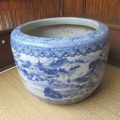 染付 大型火鉢（山水文） 直径約40cm　金魚鉢　メダカ鉢　陶磁...