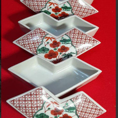 金城窯　オードブル皿　昭和レトロ　醤油さし　六角　変形蓋つき皿　松竹梅　縁起物　USED品の画像