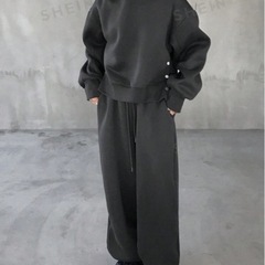 FRIFUL 2個セット レディース 無地 ドロップショルダー 長袖パーカー とパンツ カジュアルマッチングトラックスーツ 秋冬の画像