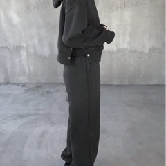 FRIFUL 2個セット レディース 無地 ドロップショルダー 長袖パーカー とパンツ カジュアルマッチングトラックスーツ 秋冬の画像