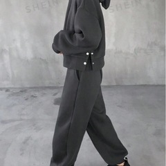 FRIFUL 2個セット レディース 無地 ドロップショルダー 長袖パーカー とパンツ カジュアルマッチングトラックスーツ 秋冬の画像