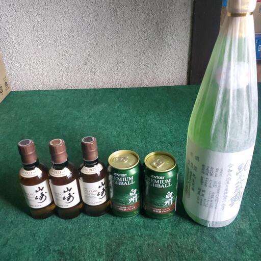 凱陣初搾りうす濁り、山崎ノンエイジミニボトル三本、白州プレミアム缶二本