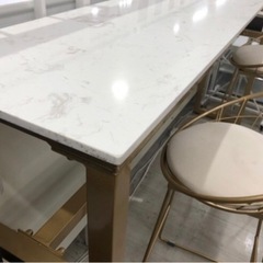 カウンターテーブル3点セット大理石調ホワイト×ゴールド【トレファク堺福田店】
