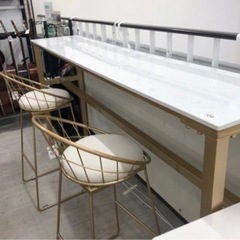 カウンターテーブル3点セット大理石調ホワイト×ゴールド【トレファク堺福田店】
